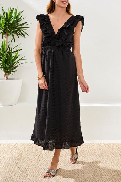 Tribal Embroidered Cotton Maxi Dress With Frills & Cutout