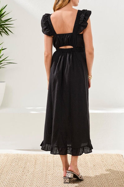 Tribal Embroidered Cotton Maxi Dress With Frills & Cutout
