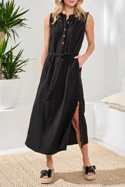 Tribal Crinkle Gauze Button-Front Belted Midi Dress