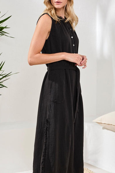Tribal Crinkle Gauze Button-Front Belted Midi Dress