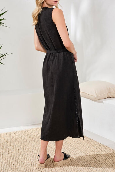 Tribal Crinkle Gauze Button-Front Belted Midi Dress