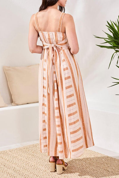 Tribal Linen Maxi Dress with Contrast Inserts & Adjustable Waist Sash
