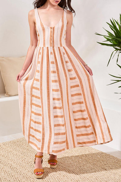 Tribal Linen Maxi Dress with Contrast Inserts & Adjustable Waist Sash