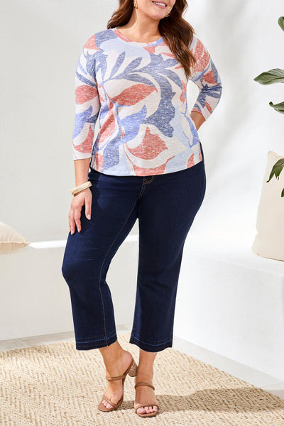 Tribal 3/4 Sleeve Crew Neck Top - Sky