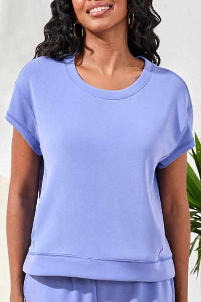 Tribal Soft Modal Crew Neck Top With Kangaroo Pocket - Baja Blue