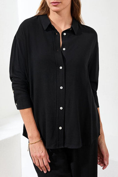 Tribal Flowy Linen-Blend Button Detail Shirt