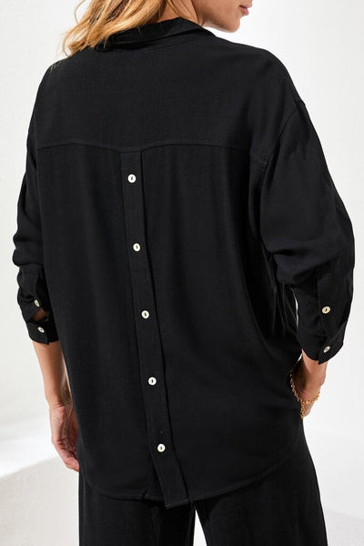 Tribal Flowy Linen-Blend Button Detail Shirt