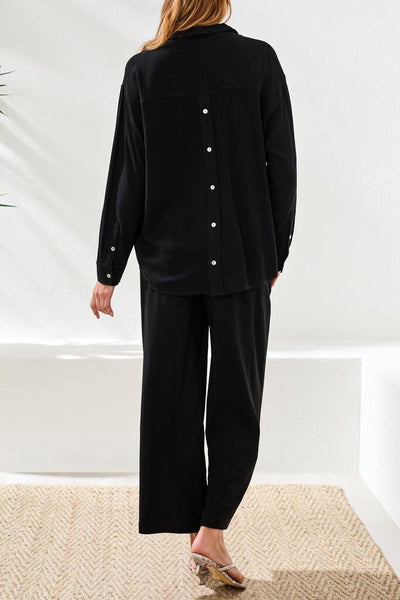 Tribal Flowy Linen-Blend Button Detail Shirt