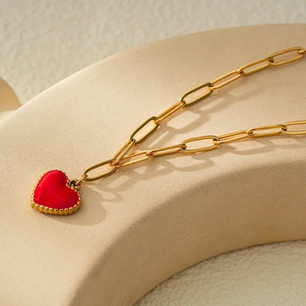 Hackney Nine 'Heart Rouge' Paper Clip Chain Enamel Heart Pendant Necklace - Gold