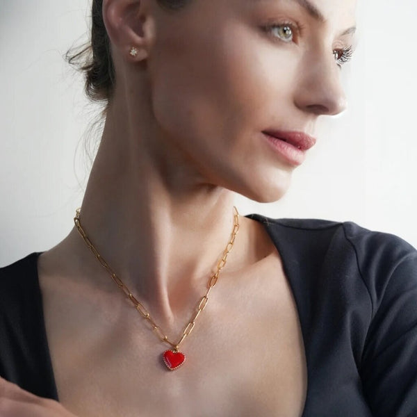 Hackney Nine 'Heart Rouge' Paper Clip Chain Enamel Heart Pendant Necklace - Gold
