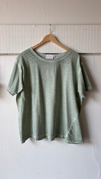 Paper Lace Oversized Vintage Wash Raw Hem T-Shirt - Green