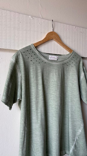 Paper Lace Oversized Vintage Wash Raw Hem T-Shirt - Green