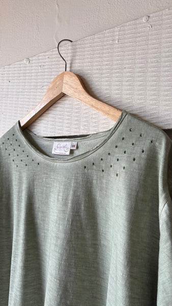 Paper Lace Oversized Vintage Wash Raw Hem T-Shirt - Green