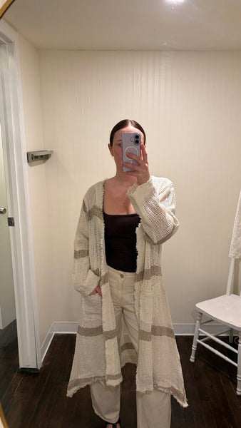 Paper Lace Handmade Linen Stripe Long Sleeve Open Knit Cardigan - Cream/Natural