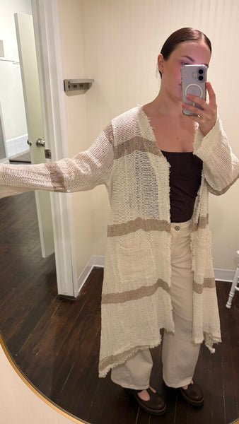 Paper Lace Handmade Linen Stripe Long Sleeve Open Knit Cardigan - Cream/Natural