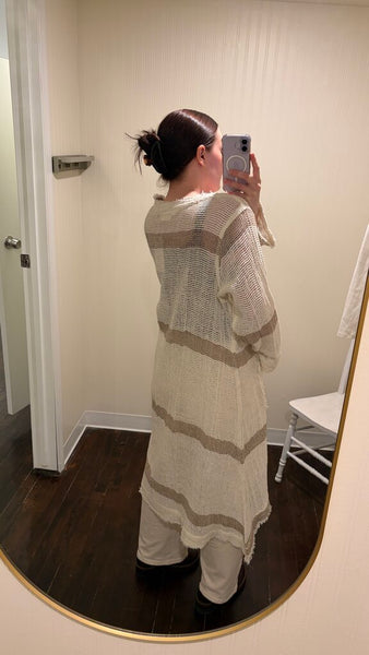 Paper Lace Handmade Linen Stripe Long Sleeve Open Knit Cardigan - Cream/Natural