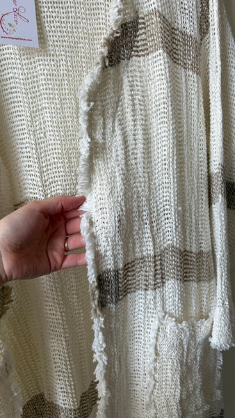 Paper Lace Handmade Linen Stripe Long Sleeve Open Knit Cardigan - Cream/Natural