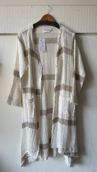 Paper Lace Handmade Linen Stripe Long Sleeve Open Knit Cardigan - Cream/Natural