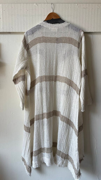 Paper Lace Handmade Linen Stripe Long Sleeve Open Knit Cardigan - Cream/Natural