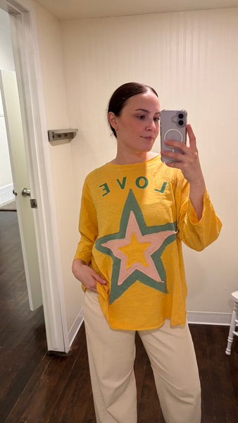 Paper Lace 'LOVE' 3/4 Sleeve Top with Star Patches - Yellow