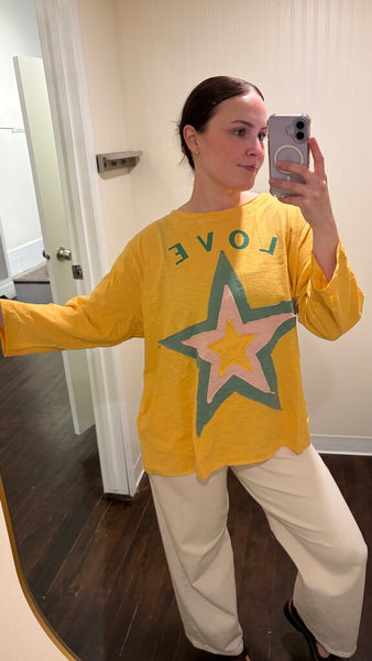Paper Lace 'LOVE' 3/4 Sleeve Top with Star Patches - Yellow