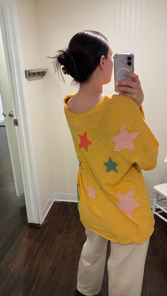 Paper Lace 'LOVE' 3/4 Sleeve Top with Star Patches - Yellow