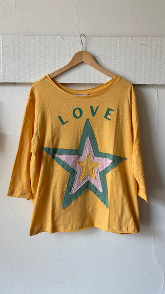 Paper Lace 'LOVE' 3/4 Sleeve Top with Star Patches - Yellow