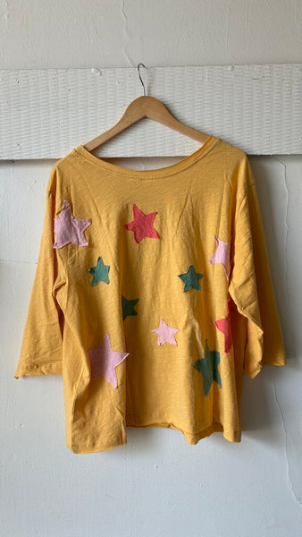 Paper Lace 'LOVE' 3/4 Sleeve Top with Star Patches - Yellow