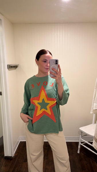 Paper Lace 'LOVE' 3/4 Sleeve Top with Star Patches - Green