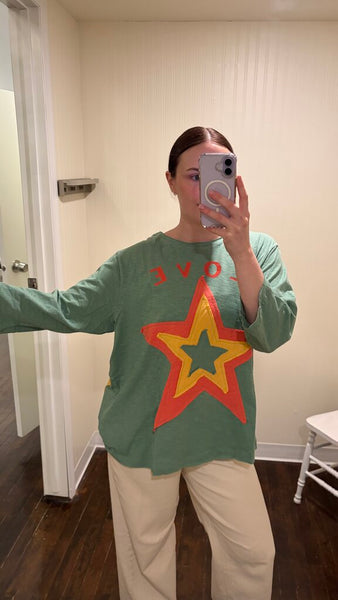 Paper Lace 'LOVE' 3/4 Sleeve Top with Star Patches - Green