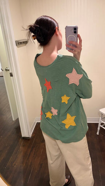 Paper Lace 'LOVE' 3/4 Sleeve Top with Star Patches - Green