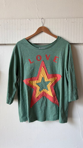 Paper Lace 'LOVE' 3/4 Sleeve Top with Star Patches - Green