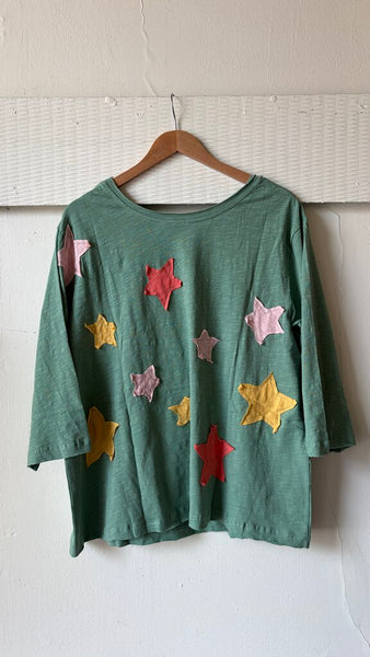 Paper Lace 'LOVE' 3/4 Sleeve Top with Star Patches - Green