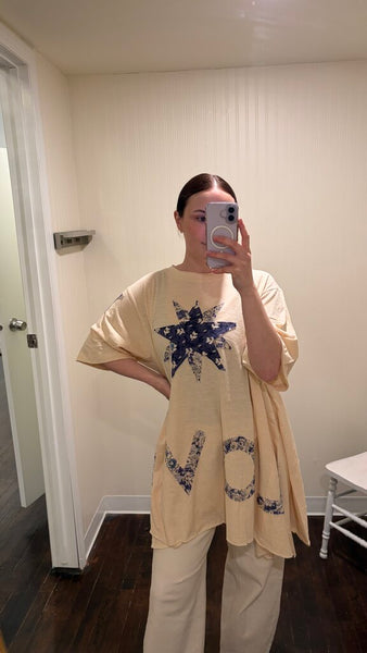 Paper Lace 'LOVE' Slub Tunic Top with Star Patches - Ecru
