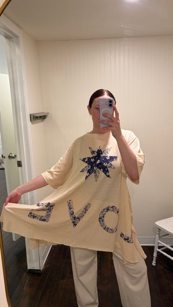 Paper Lace 'LOVE' Slub Tunic Top with Star Patches - Ecru