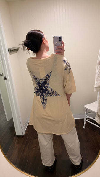 Paper Lace 'LOVE' Slub Tunic Top with Star Patches - Ecru