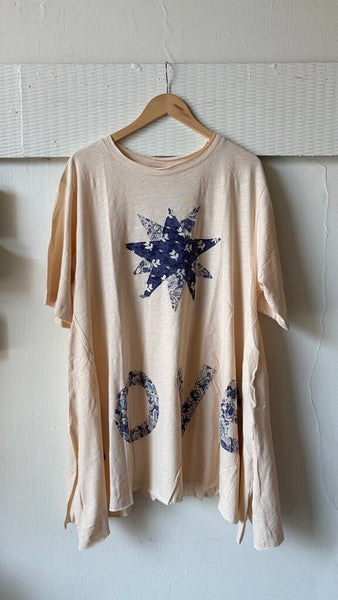 Paper Lace 'LOVE' Slub Tunic Top with Star Patches - Ecru