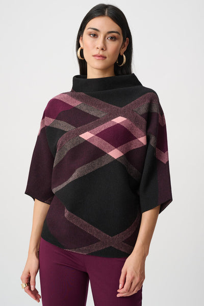 Joseph Ribkoff 263947 Plaid Funnel Neck Sweater - Black