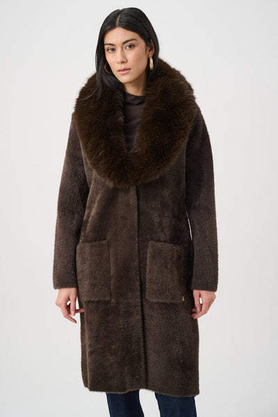 Joseph Ribkoff 263973 Feather Yarn Knit Coat with Faux Fur Collar