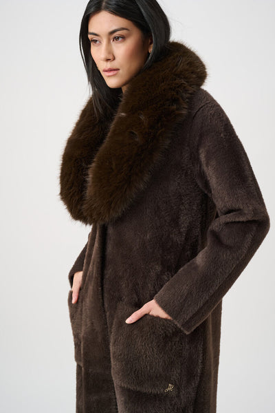 Joseph Ribkoff 263973 Feather Yarn Knit Coat with Faux Fur Collar