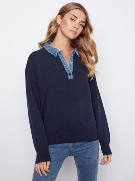 Charlie B Denim Trim Polo Sweater