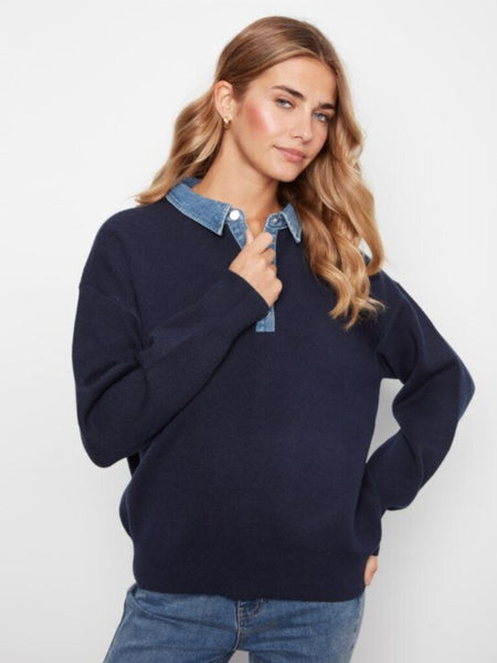 Charlie B Denim Trim Polo Sweater