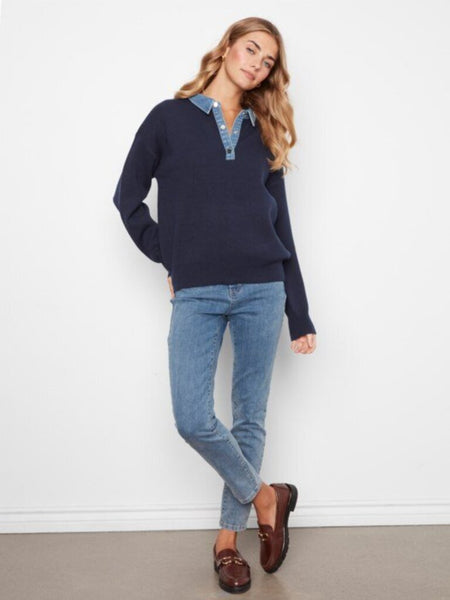 Charlie B Denim Trim Polo Sweater