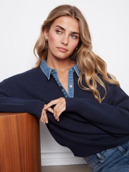 Charlie B Denim Trim Polo Sweater