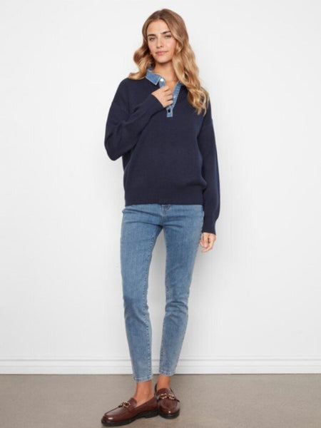 Charlie B Denim Trim Polo Sweater