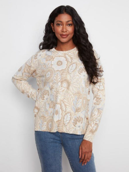 Charlie B Floral Print Side Button Sweater