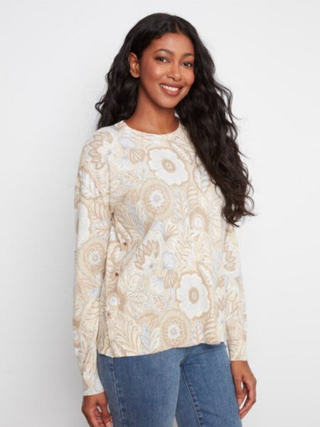Charlie B Floral Print Side Button Sweater