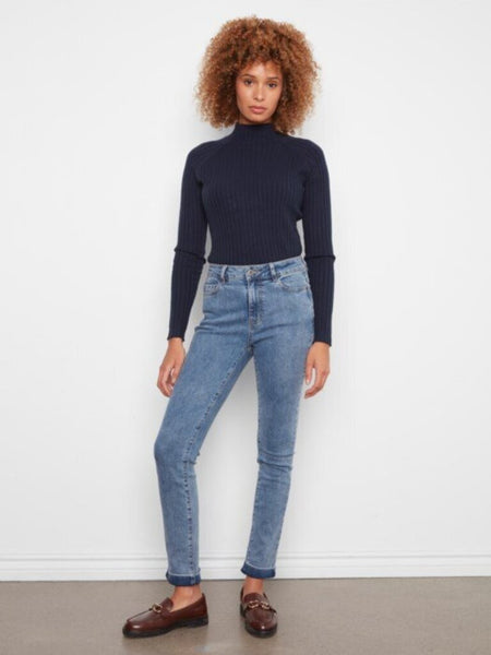 Charlie B Straight Leg Cuffed Denim - Medium Blue
