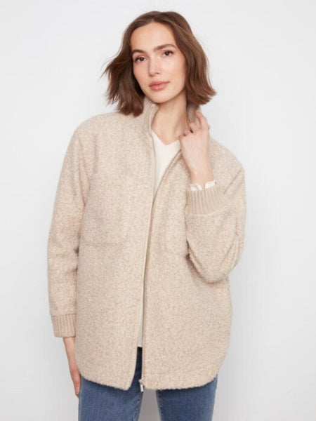 Charlie B Bouclé Zip Up Jacket - Almond