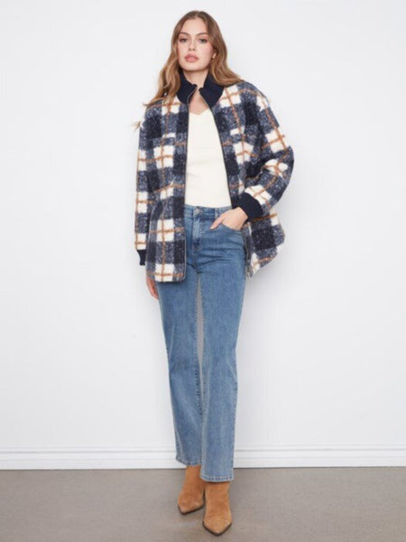 Charlie B Boucle Zip Up Jacket - Midnight Plaid